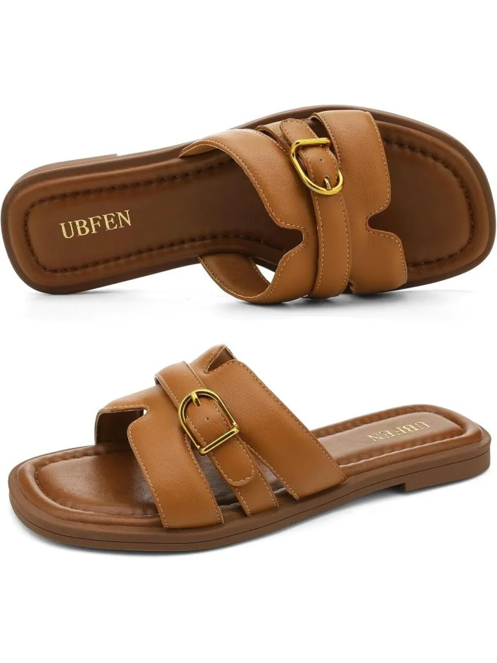 Women's Light Brown Square Toe Flat Sandals Slides Dressy Comfortable for Beach
